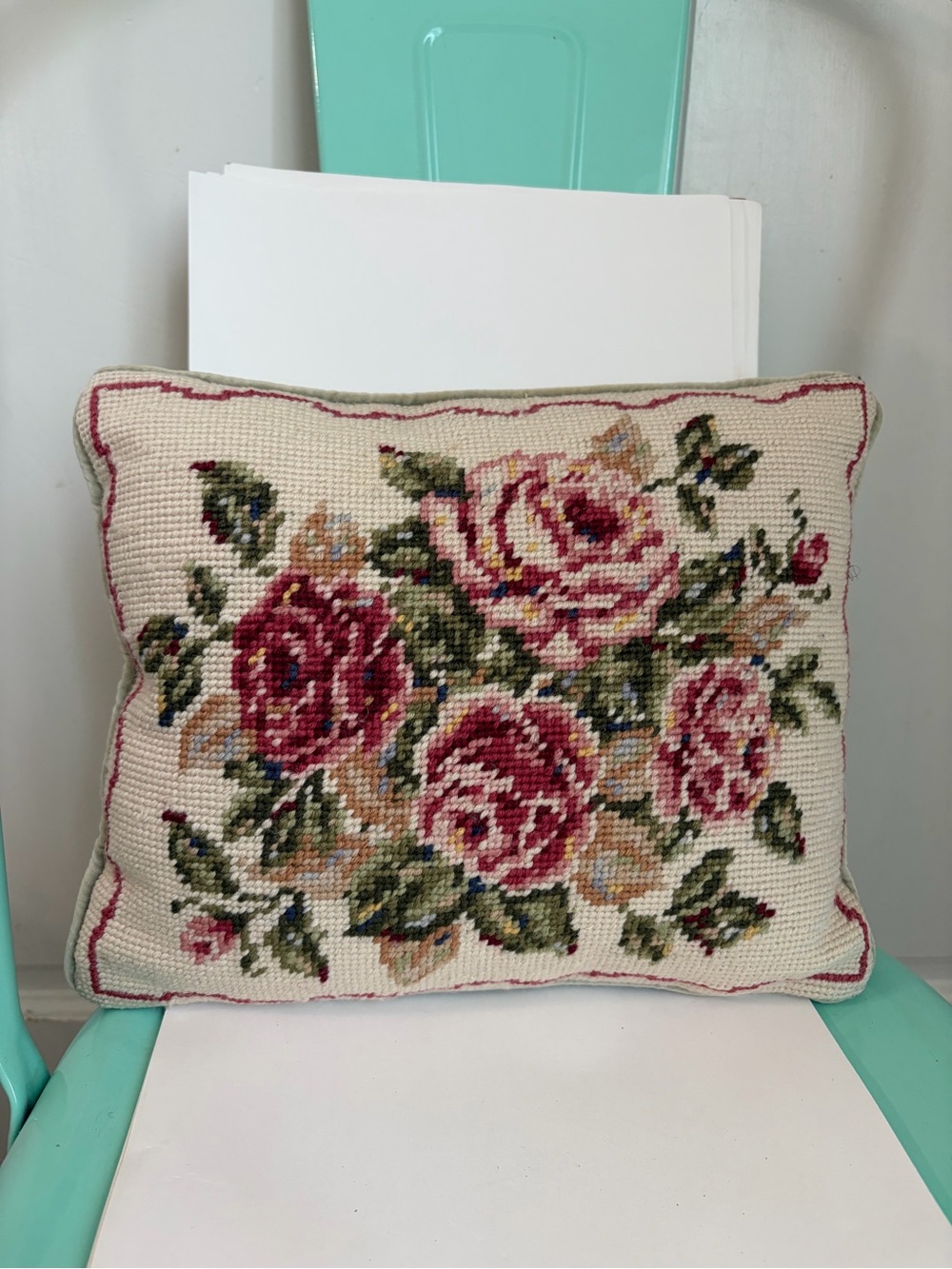 Vintage Cottagecore Pink Rose Needlepoint Velvet Throw Pillow 11.5”x9”